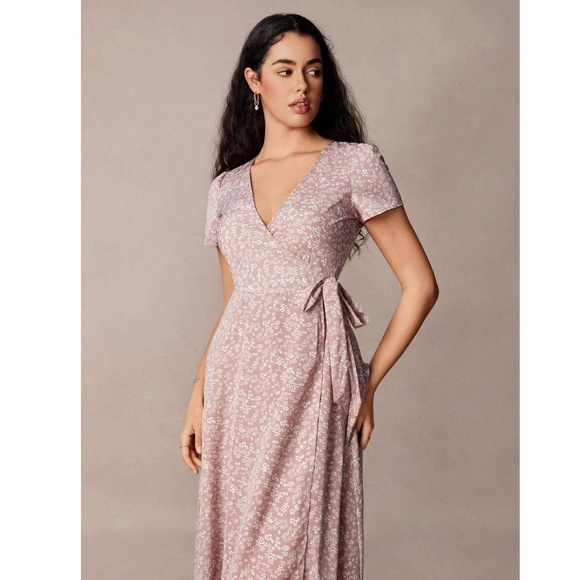 Dusty Pink Floral Print Long Wrap Dress - Picture 10 of 14